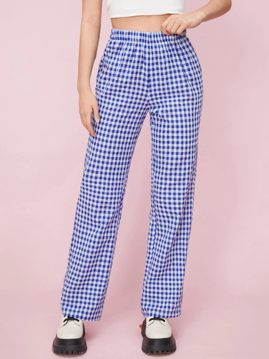 SHEIN Qutie 格子圖案直筒褲 - 藍白色 - 查看 1