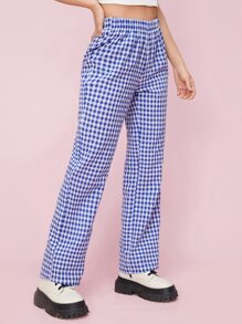 SHEIN Qutie 格子圖案直筒褲 - 藍白色 - 查看 3