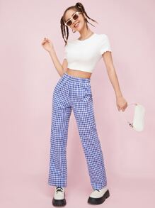 SHEIN Qutie 格子圖案直筒褲 - 藍白色 - 查看 4