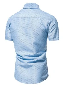 Manfinity Mode Men Allover Print Slim Fit Short Sleeve Button Up Graphic Light Blue Work Casual Shirt For Husband - Blue - View 2