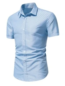 Manfinity Mode Men Allover Print Slim Fit Short Sleeve Button Up Graphic Light Blue Work Casual Shirt For Husband - Blue - View 6