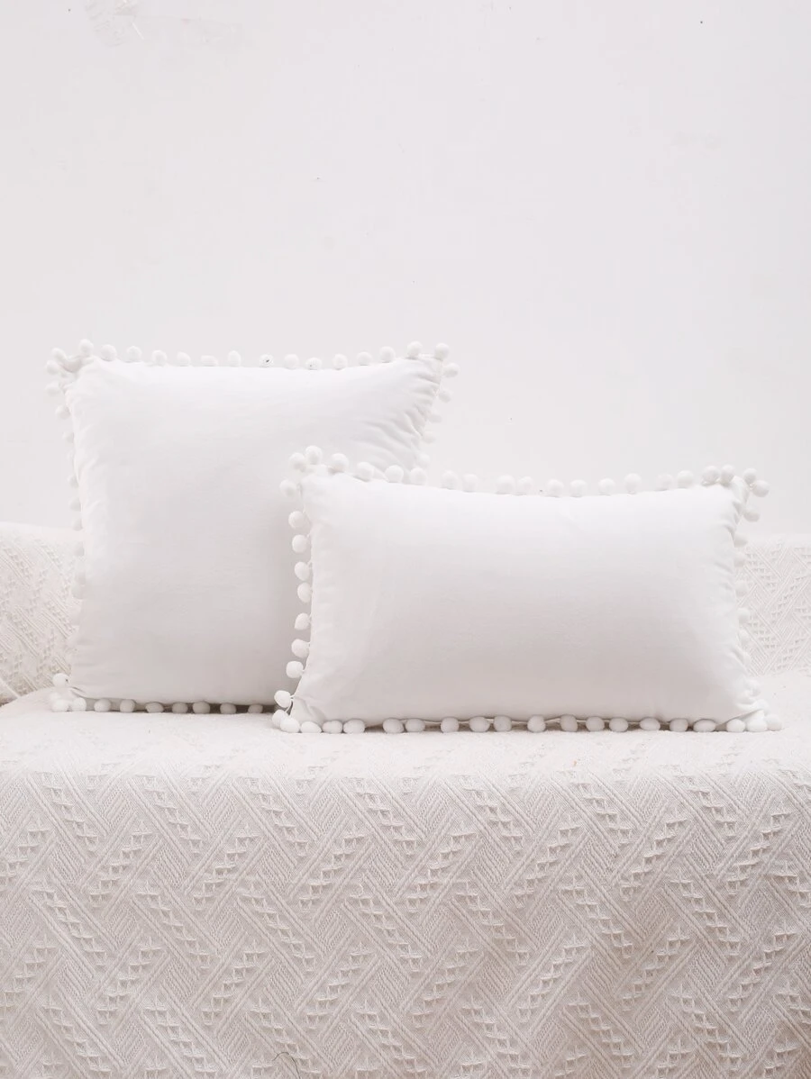 1pc Plain Pom Pom Trang trí Cushion Cover không có chất làm đầy - trắng - Xem 1