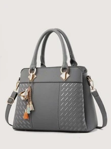 Yogodlns Stitch Detail Tote Bag With Random Colour Tassel Bag Charm - Grey - View 1