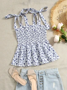 Soleia WYWH Women Vacation Allover Blommönster Knyt Skulder Volang Hem Peplum Top