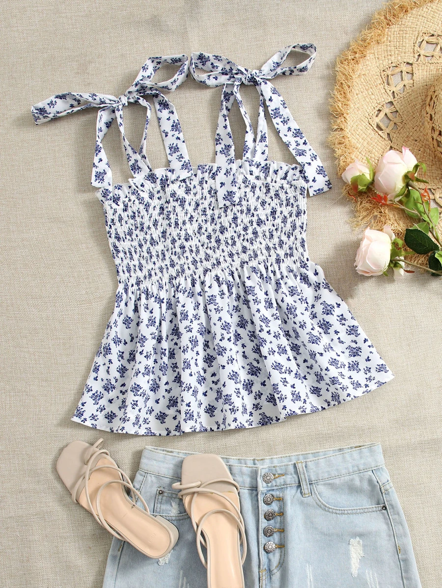 Soleia WYWH Women Vacation Allover Blommönster Knyt Skulder Volang Hem Peplum Top