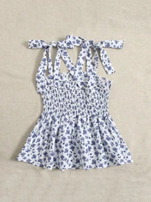 Soleia WYWH Women Vacation Allover Blommönster Knyt Skulder Volang Hem Peplum Top