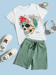 SHEIN Niños estampado de cráneo Camiseta & de cintura con cordón Set shorts - Multicolor - Ver 1