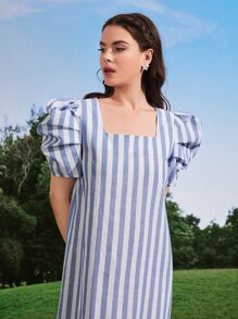 Seusyu Square Neck Puff Sleeve Striped Dress - Multicolor - View 3