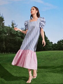 Seusyu Square Neck Puff Sleeve Striped Dress - Multicolor - View 4