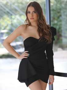 SHEIN X Stephanie Durant Vestido unicolor de manga farol - Negro - Ver 1