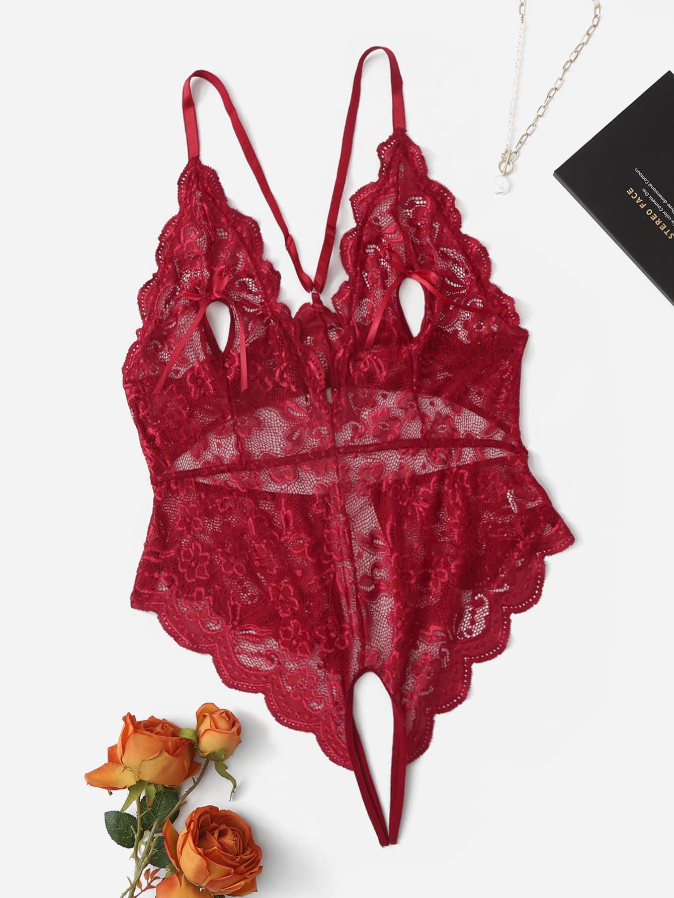 Plus Cut-out Lace Crotchless Teddy Bodysuit - Burgundy - View 1