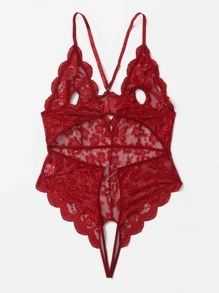 Plus Cut-out Lace Crotchless Teddy Bodysuit - Burgundy - View 2