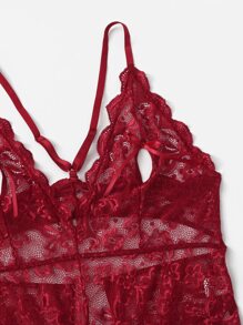 Plus Cut-out Lace Crotchless Teddy Bodysuit - Burgundy - View 3