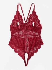 Plus Cut-out Lace Crotchless Teddy Bodysuit - Burgundy - View 5