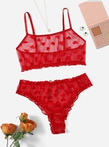 Plus Heart Pattern Sheer Mesh Lingerie Set - Red - View 1