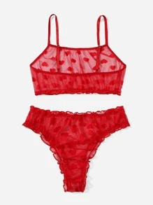 Plus Heart Pattern Sheer Mesh Lingerie Set - Red - View 2