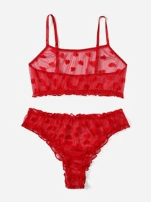 Plus Heart Pattern Sheer Mesh Lingerie Set - Red - View 3