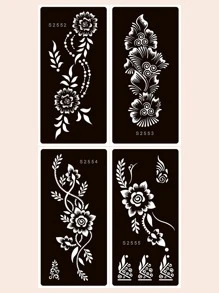 Tattoo Stencil Kit, 4Sheets Flower Print Tattoo Stencils For Women And Girls, Reusable Henna Stencils For Hand, Diy Tattooing Template, Tattoo Stickers For Face Paint Body Art - Black - View 1