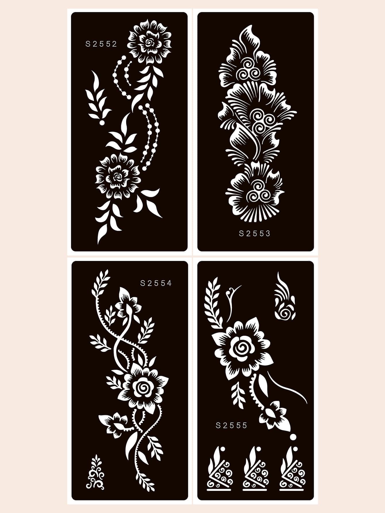 Tattoo Stencil Kit, 4Sheets Flower Print Tattoo Stencils For Women And Girls, Reusable Henna Stencils For Hand, Diy Tattooing Template, Tattoo Stickers For Face Paint Body Art - Black - View 1