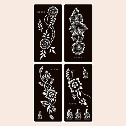 纹身模板套件，4 张花卉印花纹身模板，适用于女士和女孩，可重复使用的手部指甲花模板，DIY 纹身模板，用于面部彩绘身体艺术的纹身贴纸