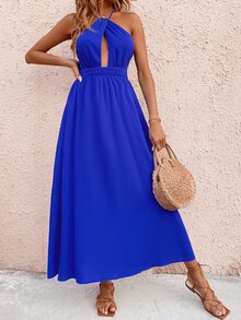 交叉鏤空連衣裙 - 寶藍色 - 查看 3