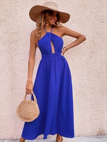 交叉鏤空連衣裙 - 寶藍色 - 查看 4