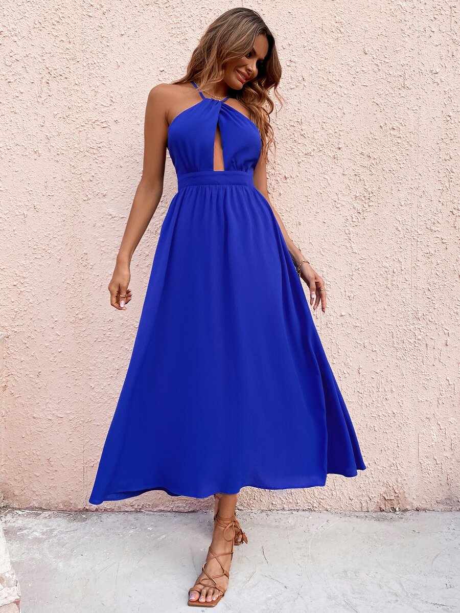 交叉鏤空連衣裙 - 寶藍色 - 查看 1