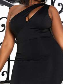 seomiscky Plus Cut Out One Shoulder Slit Thigh Mermaid Hem Formal Dress - Black - View 4