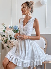 Breezaya Đầm Tương phản ren Viên lá sen Buộc lại màu trơn Boho - trắng - Xem 1