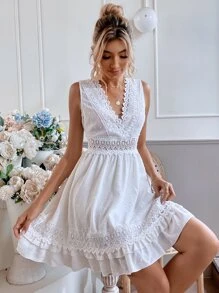 Breezaya Đầm Tương phản ren Viên lá sen Buộc lại màu trơn Boho - trắng - Xem 5