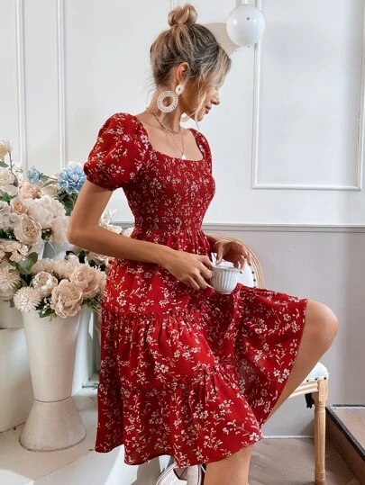 SHEIN Unity Women's Red Floral Puff Sleeve Ruffled Tiered Hem Dress