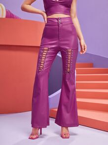 FORTUNATE High Waist Lace Up Flare Leg PU Leather Trousers - Purple - View 1