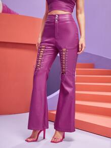 FORTUNATE High Waist Lace Up Flare Leg PU Leather Trousers - Purple - View 6