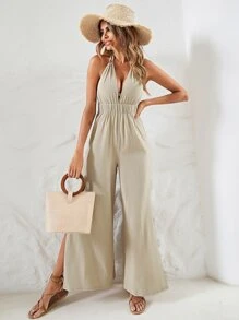 Jumpsuit unicolor fruncido de muslo con abertura