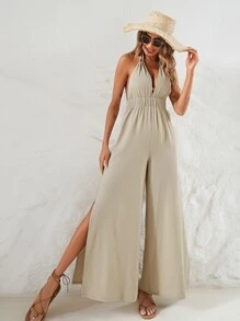 Jumpsuit unicolor fruncido de muslo con abertura