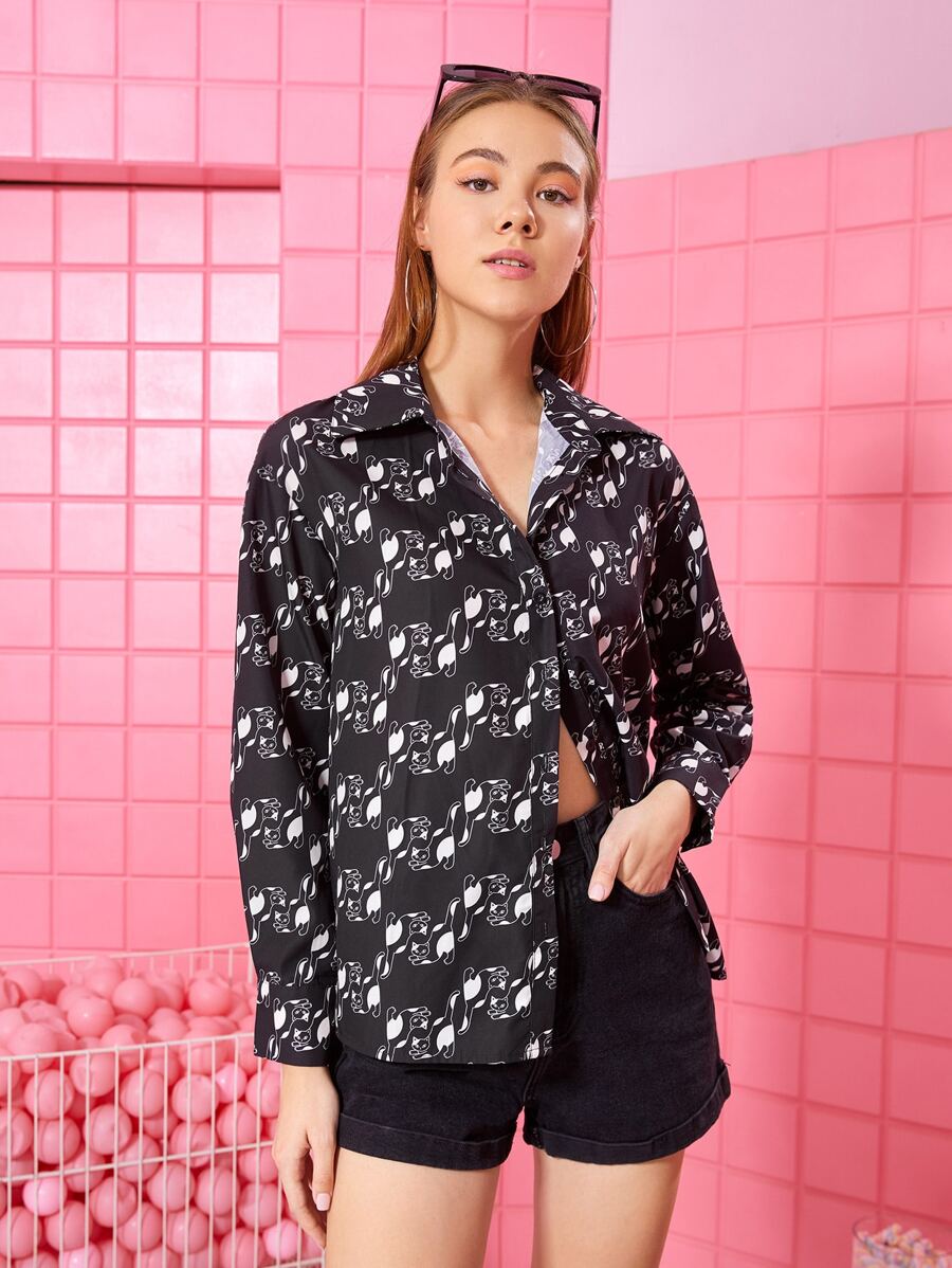 Noko 设计师商务休闲卡通图案落肩衬衫，办公室