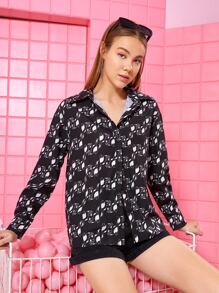 Noko 设计师商务休闲卡通图案落肩衬衫，办公室