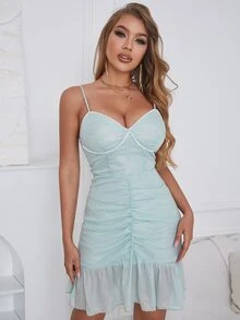 D&M Đầm Lộ Lưng Viên lá sen Dây kéo màu trơn Hấp dẫn - Màu xanh bạc hà - Xem 4