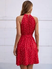 Breezaya Keyhole Back Heart Print Belted Dress For New Year Clothes Vacation Beach Outfits Women - Red - View 2