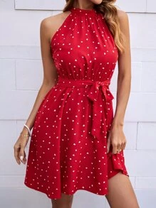Breezaya Keyhole Back Heart Print Belted Dress For New Year Clothes Vacation Beach Outfits Women - Red - View 3