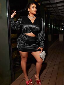 Glamaker Plus Cut Out Twist Front Lantern Sleeve Ruched Satin Bodycon Dress - Black - View 4