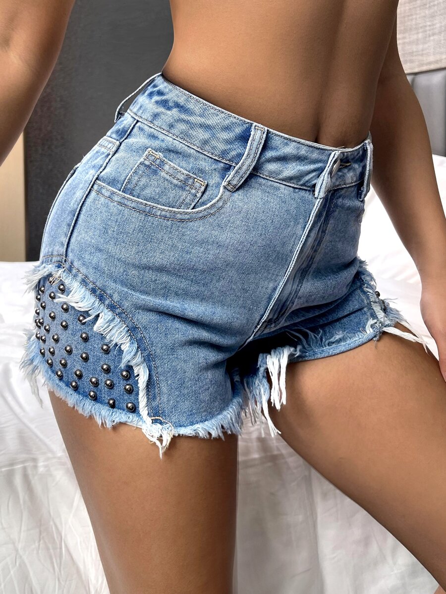 SHEIN SXY Quần short denim nữ Nút Hem thô Đúc Dây kéo màu trơn - Rửa nhẹ - Xem 1