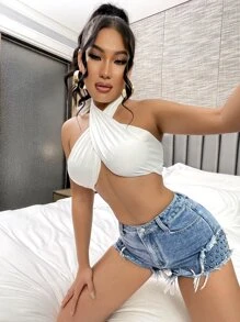 SHEIN SXY Quần short denim nữ Nút Hem thô Đúc Dây kéo màu trơn - Rửa nhẹ - Xem 3