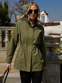 ZIAI Slant Pockets Zip Detail Raglan Sleeve Drawstring Hooded Trench Coat - Army Green - View 1