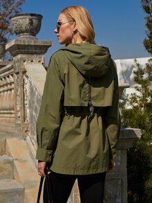 ZIAI Slant Pockets Zip Detail Raglan Sleeve Drawstring Hooded Trench Coat - Army Green - View 2