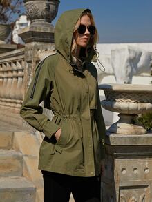 ZIAI Slant Pockets Zip Detail Raglan Sleeve Drawstring Hooded Trench Coat - Army Green - View 3