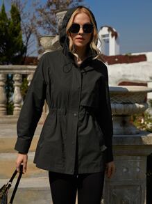 ZIAI Slant Pockets Zip Detail Raglan Sleeve Drawstring Hooded Trench Coat - Black - View 1