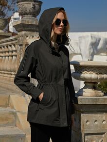 ZIAI Slant Pockets Zip Detail Raglan Sleeve Drawstring Hooded Trench Coat - Black - View 3
