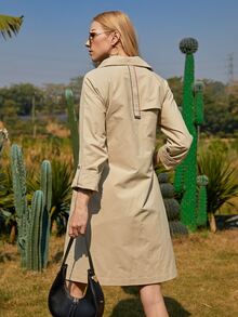 ZIAI Contrast Letter Tape Drawstring Waist Raglan Sleeve Hooded Trench Coat - Khaki - View 2