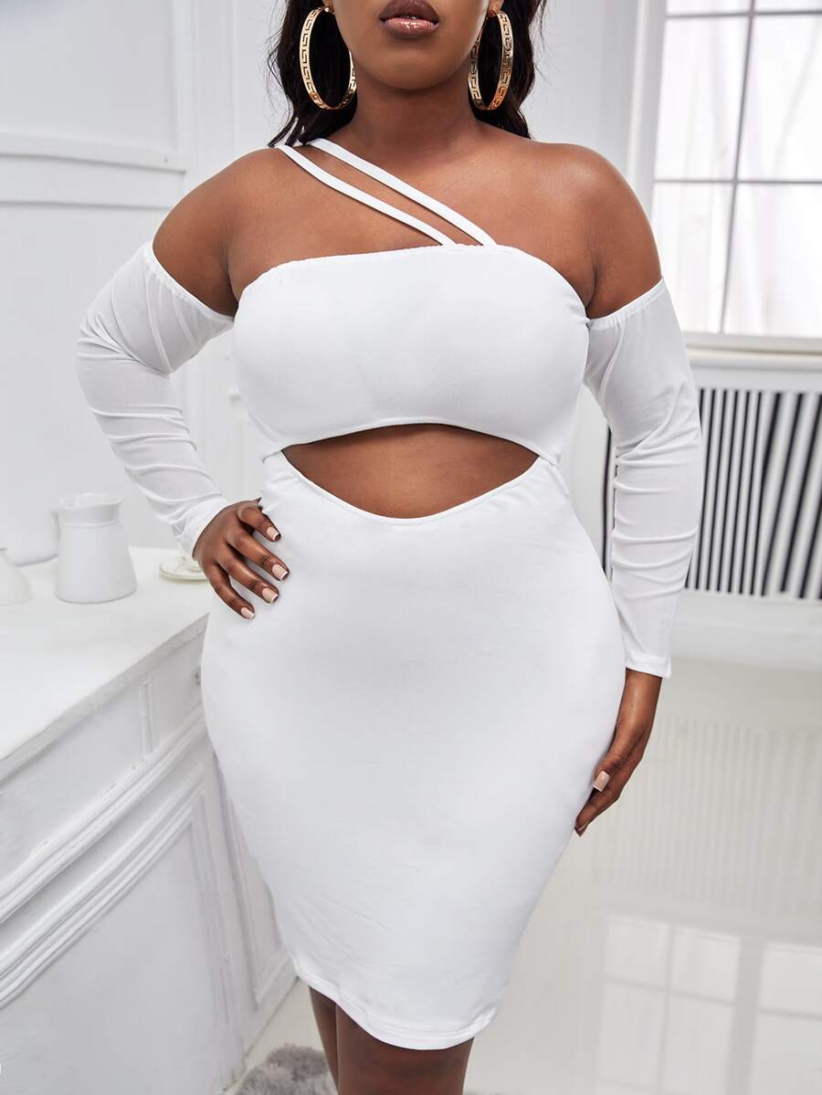 SHEIN SXY 大碼不對稱領鏤空緊身洋裝 - 白色 - 查看 1